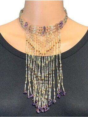 Beaded Multistrand Statement Necklace With Purple Gemstones Fringe Design